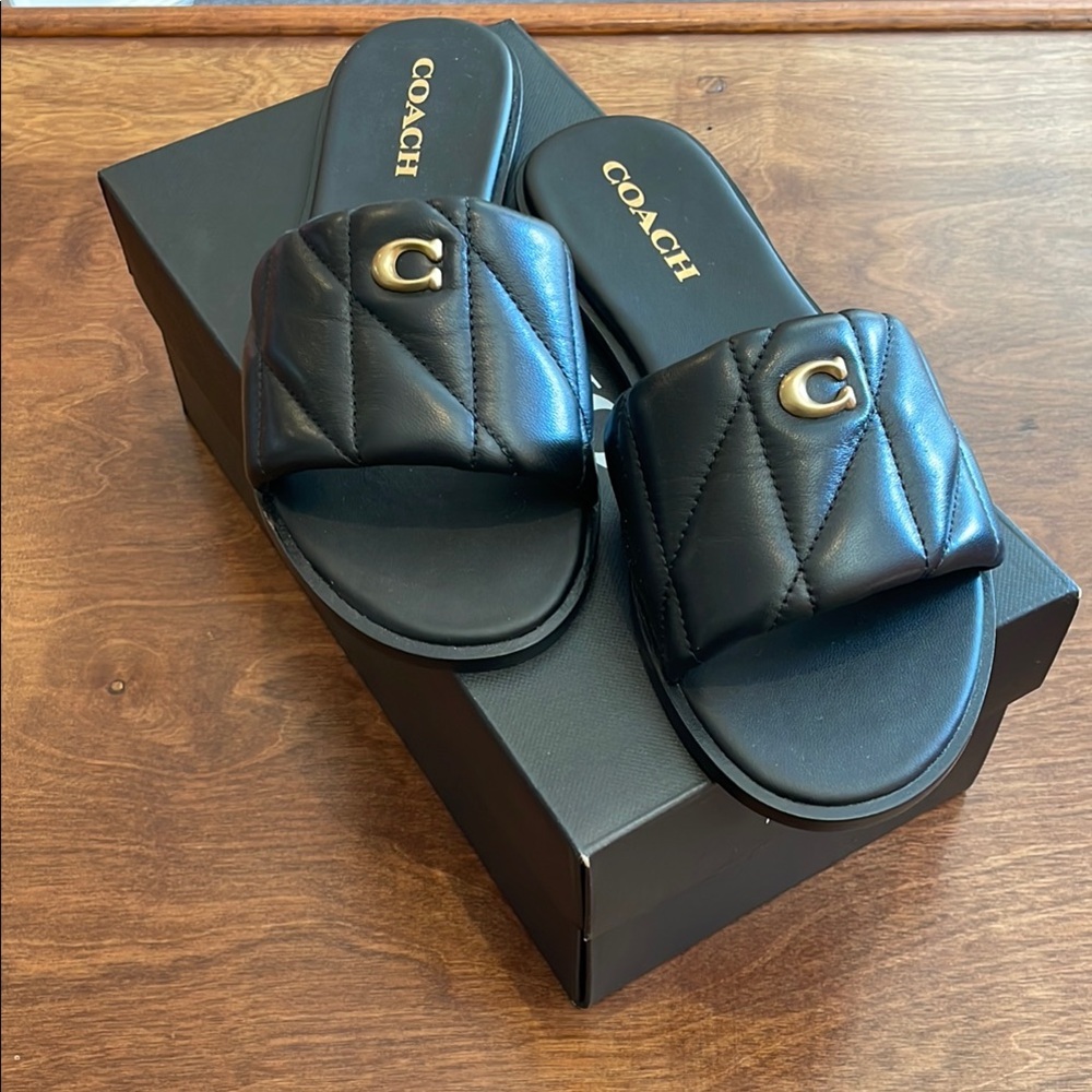 Coach Black Quilted Sandals with Gold Logo